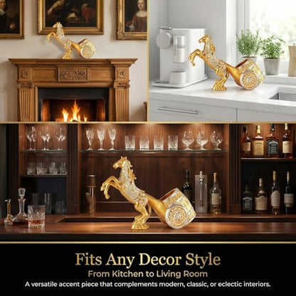 Horse Wine Bottle Holder, Standing Animal Figurine, Decorative Wine Rack Display Stand, Countertop Decor (Golden)