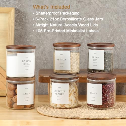6 Pack Glass Jars with Acacia Lids, 21oz Pantry Airtight Storage Containers | Glass Kitchen Canisters with 105 Labels, Food Storage Containers for Pantry with Wood Lids for Coffee, Tea, Sugar, Spice - size: 21oz 6 Pack