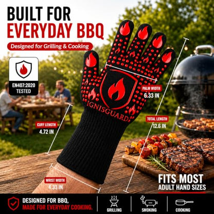 IGNISGUARD® BBQ Gloves, Heat Resistant Grill Gloves, 1 Pair, Red (L) | EN407:2020 tested with textured silicone grip, three-layer construction and long knit cuff for added wrist coverage. - color: Red, size: Large