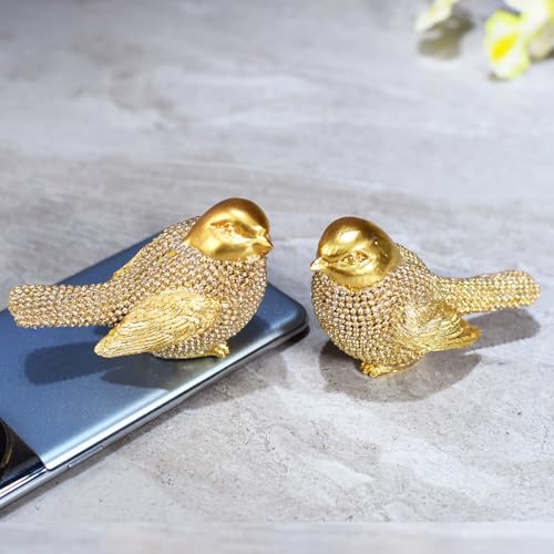 Set of 2 Pcs Small Gold Birds Statues Home Decor Modern Style Decorative Ornaments for Living Room Decor, Bedroom, Office Desktop, Cabinets Collectible Bird Figurine