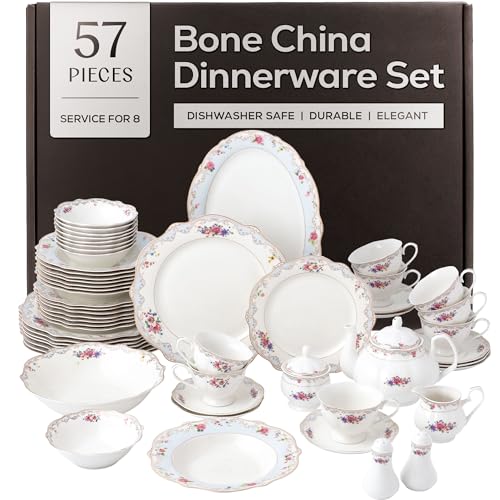 Joseph Sedgh Collection Romantic Bloom Bone China Dinnerware Set, 57-Piece | Service for 8, Premium Ash Bone China, Dishwasher Safe - size: 57 Piece Set