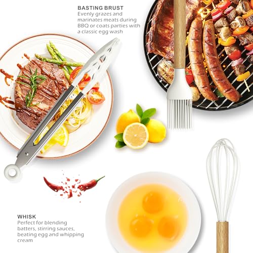 oannao Silicone Cooking Utensils Set - 446°F Heat Resistant Silicone Kitchen Utensils for Cooking,Kitchen Utensil Spatula Set w Wooden Handles for Non-Stick Cookware, BPA FREE (Cream White) - color: Cream White