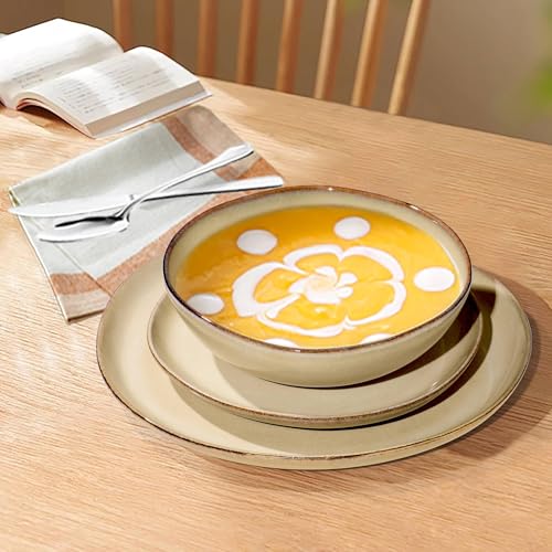Herogo 12pcs Stoneware Dinnerware Sets for 4, Irregular Handmade Dinner Plates and Bowls, Kitchen Dining Dish Dishware Set, Microwave & Dishwasher Safe, Cream Khaki - color: Cream Khaki, size: 4 Set (12pcs)