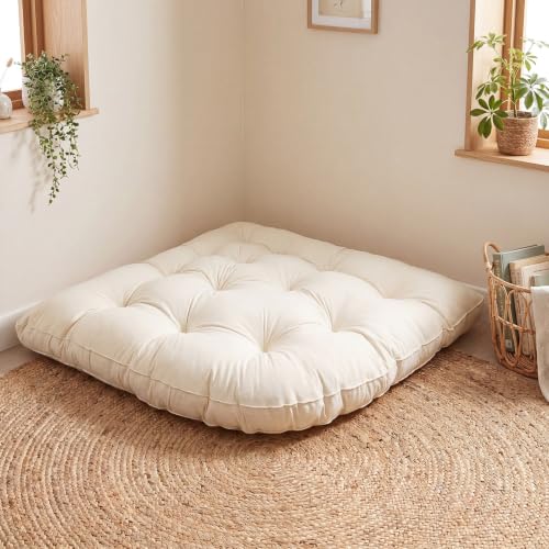 Yookeer Triangle Floor Pillow 40 Inch Cream Tufted Corner Floor Cushion Thickened Soft Window Seat Cushion Washable Meditation Mat for Living Room Bay Balcony Reading