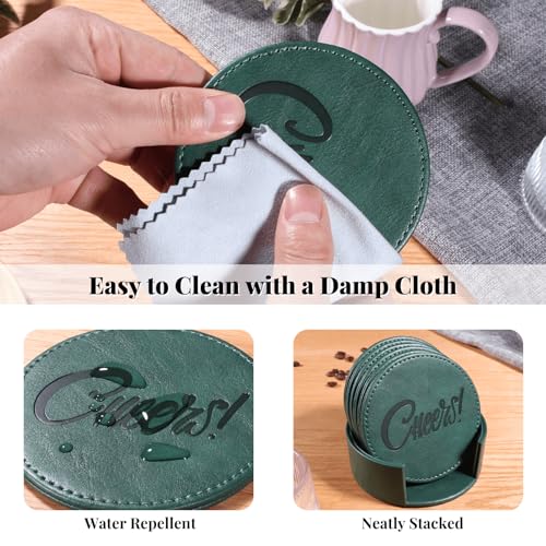 Coasters for Drinks Set of 6 with Holder, 6-Piece Leather Coasters with Embossed Cheers Marks - Durable Drink Coasters Set for Home, Bar, or Office - Green - color: Green