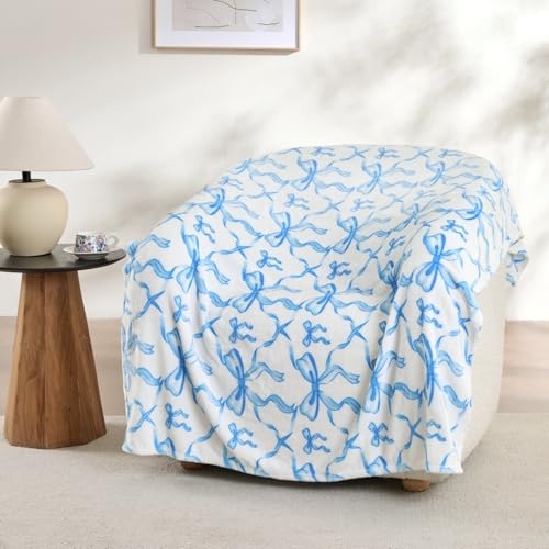 Blue Bow Throw Blanket – 50x60 Inch Soft Fleece Blanket for Girls and Women, Coquette Aesthetic Room Decor for Bed, Couch, Chair, Preppy Bedroom or Gift, Cute Pink Bow Decor Blanket - color: Bow Blue, size: throw(50x60)