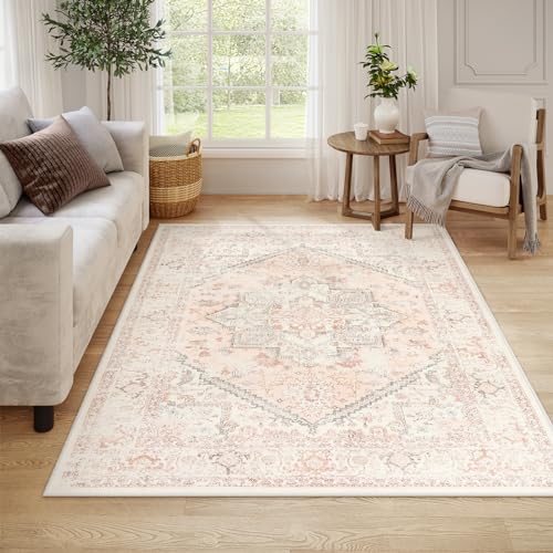 LIVEBOX Large Vintage Area Rug 6x9 - Washable Retro Tribal Pink Rug for Living Room, Soft Boho Anti-Skid Carpet Low-Pile Stain Resistant Floral Rugs for Girl Room Office - color: Medallion Pink, size: 6' x 9' (Rectangular)