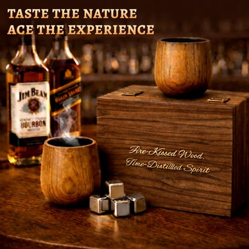 Charred Wooden Bourbon Drinking Glass, Handcrafted 11oz Whiskey Tumblers, Rustic Old Fashioned Glasses, Unique Bourbon Gifts for Men, Dad, Husband (2 Pack)