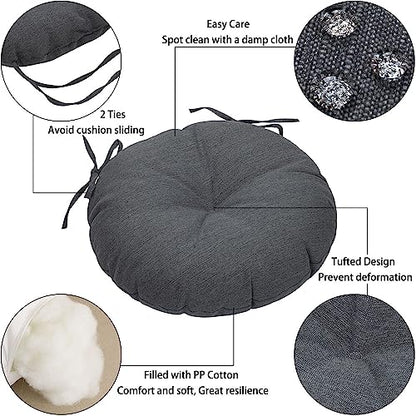 Magpie Fabrics 15" Round Bistro Seat Cushions with Ties, Set of 2, Waterproof All Weather Tufted 4" Thick Patio Chair Pads for Home Garden Dining Metal Stool - Dark Gray - color: Dark Gray