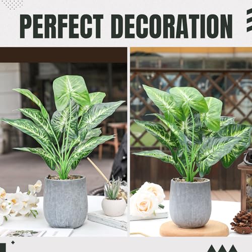 Der Rose 16" Fake Plant Potted Taro Leaf with Rocks for Home Decor | Single potted taro leaf faux plant，a green accent for office desk bathroom shelf and living room，eco-friendly