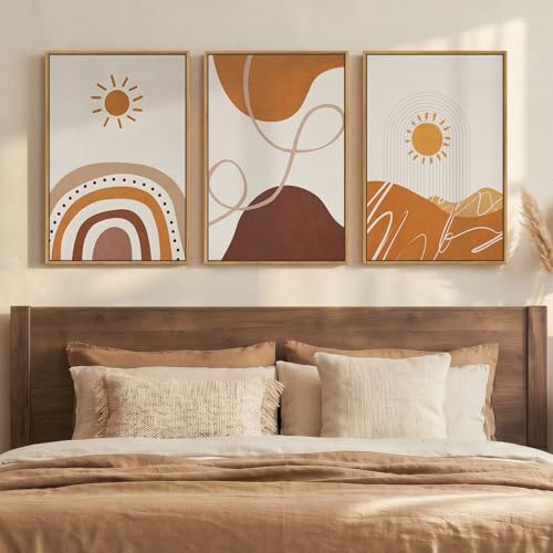 Framed Boho Neutral Terracotta Abstract Wall Art Bedroom, 3 Piece Beige Orange Sun Arch Canvas Artwork for Walls, Mid Century Modern Rainbow Prints Wall Decor for Living Room Nursery Room, 16x24 Inch - color: Neutrral Brown Beige, size: 16" W x 24" H x 3P