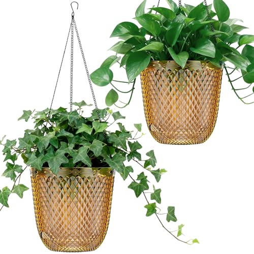 QCQHDU Hanging Planters for Indoor Plants, 2-Pack, 7.2 Inch, Gold | Plastic, Self Watering Plant Hanger, with Drainage Holes, 3 Hooks Chains, For Garden Home - color: Gold, size: 7.2in