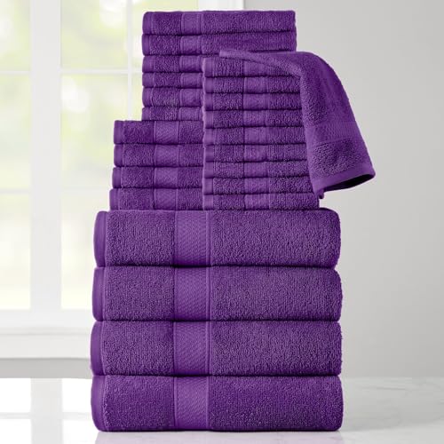 24-Piece Set of Towels, Lightweight 380 GSM Cotton Towels, Quick Drying, Absorbent Hand Towels, Fingertip Towels, Bath Towels, & Washcloths, Grape - color: Grape