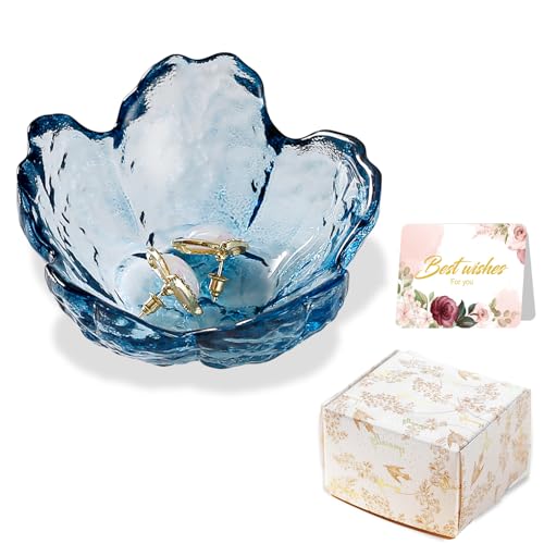 Blue Flower Glass Ring Dish Jewelry Tray Ring Holder Dish Cute Room Decor Vanity Organizer for Nightstand or Bathroom Aesthetic Trinket Dish Gift for Wife Mom Daughter - color: Deep Blue