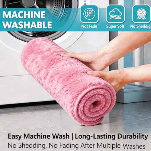 Shaggy Bathroom Rugs Set Plush Velvet Bath Rugs Non-Slip Bath Mat Set 3 Piece,Washable Mats,Absorbent Shaggy Rugs Super Soft U-Shaped Toilet Rug,Bahroom Carpets for Bathroom,Tub,Shower(Light Pink - color: Light Pink