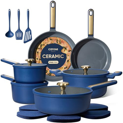 CAROTE Ceramic Cookwar Set, Pots and Pan Set Non Stick 18 Piece, Cookware Set Kitchen Cooking Set Non Toxic, PFAS PTFE Free, Blue