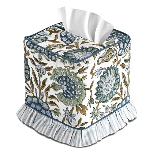 Asparagus Green Block Print Ruffle Tissue Box Cover Handmade Cotton Decorative Square Napkin Holder for Home Bedroom Living Room Bathroom Vanity Countertop Car Office Kitchen - color: Asparagus Green