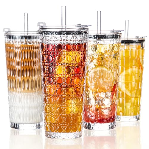 YUN TAO 16 oz Glass Cups with Lids and Straws, Set of 4 Clear Ribbed Glass Tumbler, Iced Coffee Cups with Lids Reusable