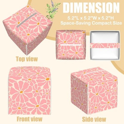 Pink Retro Groovy Flower Tissue Box Cover Square, Tissue Box Holder with Bottom Belt Leather Facial Paper Organizer Dispenser for Bathroom Bedroom Dresser Night Stand Tabletop - color: Pink Retro Groovy Flower