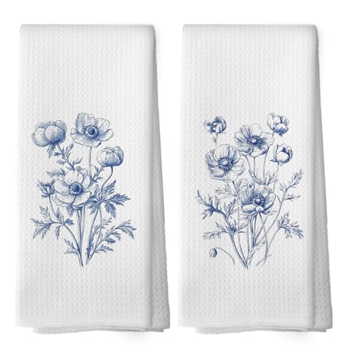 Vintage Blue and White Flower Botanical Kitchen Towels Set of 2, Chinoiserie Bohemian Aesthetic Modern Line Drawing Floral Bouquet Hand Towel for Bathroom Decorative Dish Towels 16x24 Inch - color: Color 04