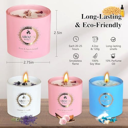 3 Pack Scented Candles Gift Set for Women – Lavender, Ocean, Rose Soy Candles with Crystals & Seashells, 70-Hour Total Burn Time, Aromatherapy Candle Set for Home Decor, Mother’s Day Birthday - size: 3 Pack