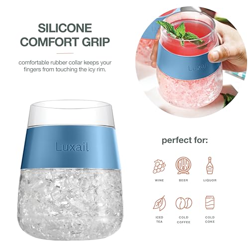 luxail Wine Glasses, Plastic Wine Glasses Set of 2, Wine Gifts, Double Wall Insulated Freezer Tumbler, Stemless Freezer cups for Red and white Wine, 8.5 Oz, Misty Blue - color: Misty Blue