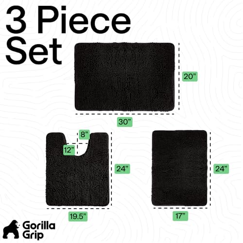 GORILLA GRIP Bathroom Rug Sets 3 Piece, Bath Mat Set and Oval Toilet Base with Rubber Backing, Plush Absorbent Shaggy Chenille Washable Mats, Includes 24x19.5, 24x17 and 30x20 Inch Rugs, Black - color: Black, style: 24"x19.5" + 24"x17" + 30"x20" - 3 Pack