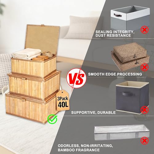 3 Pack Bamboo Decorative Shelf Basket,Woven Storage Boxes with Lined，Nesting Lidded Box with Lids for Toys,Cosmetics,Office,sundries,Closet,natural & eco-friendly bamboo storage organizers