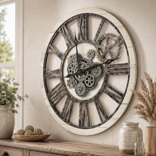HOIBAI Large Wall Clock 30 Inch Rustic Khaki | Living Room Decor/Vintage Farmhouse/Roman Numerals/Silent/Oversized/Real Moving Gears/Home House Warming Gift - color: Khaki, size: 30 Inch