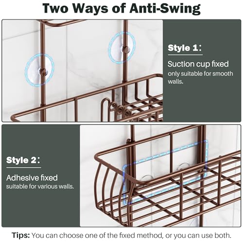 Epicano Shower Caddy Hanging Over Head, Bronze | Rustproof,4 Hooks for Towels,Sponge and & Bathroom Accessories,Anti-Swing Suction Cups & Adhesive hooks - color: Bronze