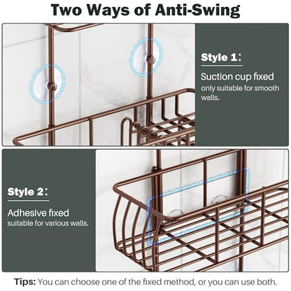 Epicano Shower Caddy Hanging Over Head, Bronze | Rustproof,4 Hooks for Towels,Sponge and & Bathroom Accessories,Anti-Swing Suction Cups & Adhesive hooks - color: Bronze