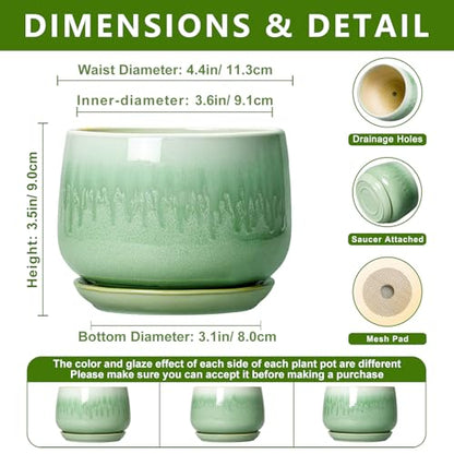 Ceramic Plant Pots - 4 Inch Pots for Plants with Drainage Hole and Saucer, Small Succulent Pot for Indoor Plants, Round Ceramic Planter, Home Office Decor, House Warming Gifts, Green - size: 4 Inch, style: Green