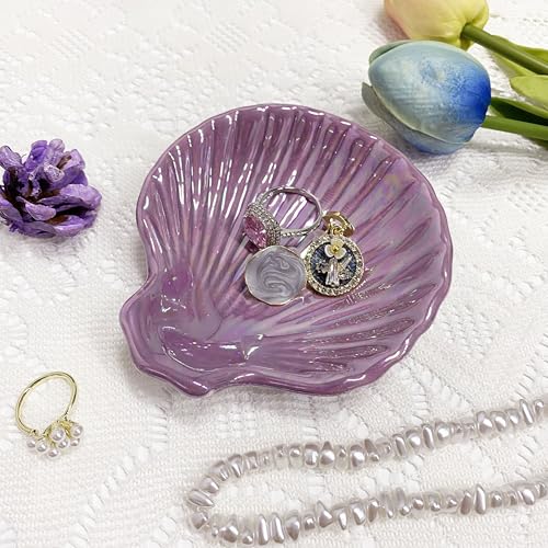 Shell Jewelry Ring Holder Dish, Seashell Jewelry Dish Tray, Ceramic Jewelry Plate Bowl, Engagement Trinket Dish, Wedding Birthday Mother's Day Christmas Gift for Women, 3.9", Purple Iridescent Surface - color: Purple