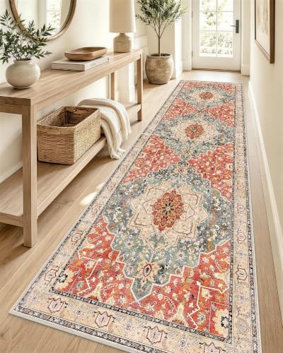 OLANLY 2'6"x12' Washable Runner Rug, Non Slip Carpet for Hallway Kitchen | Brick Red Boho Vintage Floral Medallion Farmhouse Rug, Spill & Stain Resistant Low Pile for Entryway Laundry Mudroom Corridor - color: Brick Red, size: 2'6" x 12' (Runner)