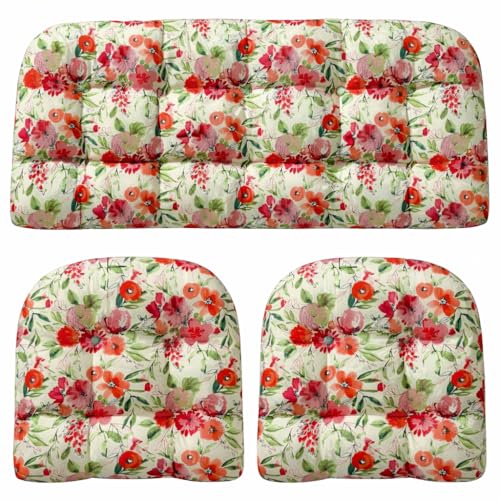 RSH DECOR 3Piece Wicker Tufted Outdoor Chair Cushions for Patio Furniture, Bettina Garden Loveseat Cushion Set, 41” x 19” Bench & 2 Seat Cushions, Wicker Patio Furniture Cushion, Made in USA - color: Bettina Garden, size: 41" x 19" & 2 - 19" x 19"