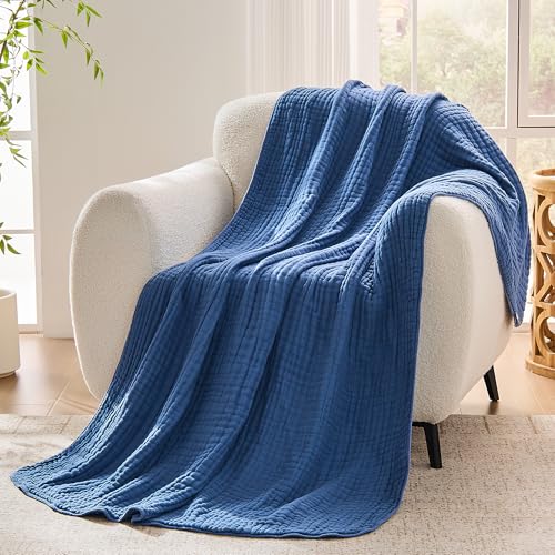 VANJOROY 100% Cotton 9-Layer Muslin Throw Blanket 50" x 70" Blue, Organic Breathable Lightweight Throw for Couch Bed - All Season Soft Gauze Blanket - color: Blue, size: Large Throw (50" x 70")