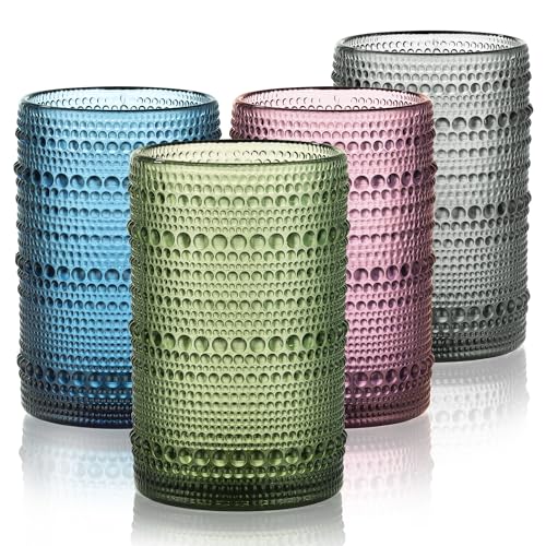 Joeyan Colored Hobnail Drinking Glasses Set of 4, 15oz Vintage Highball Glasses, Embossed Water Glass Cup, Dishwasher Safe Kitchen Glassware for Cocktail, Iced Coffee, Beer, Tea, Wine, Whiskey, Juice - color: Colored
