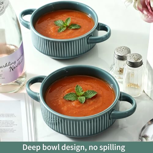 Soup Bowls with Handles, 23 oz French Onion Soup Crocks, Stackable Soup Bowl Oven Safe for Chili, Beef Stew, Embossment Ceramic Bowl Set - 5.4 Inch, Set of 4,Light blue - color: Light Blue