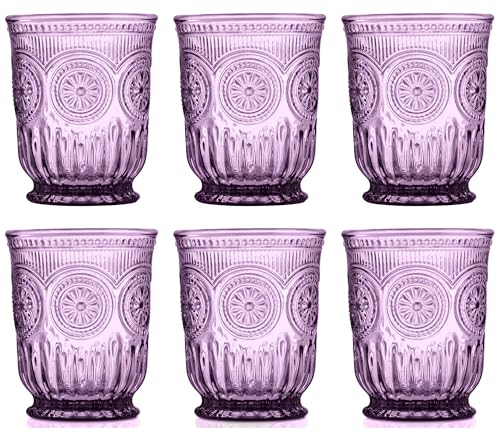Purple Glassware, set of 6 purple drinking glasses small textured colored vintage glass cups,(Sunflower Goblets) - color: Purple, size: Small
