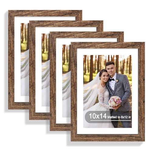 Hongkee 10x14 Picture Frame Set of 4, Made of Glass and Rustic Brown Wooden Frame, Display 8x12 Pictures with Mat or 30 x 40cm Diamond Painting Art without Mat for Wall Mounting, Gallery Photo Frames - color: Rustic Brown, size: 10x14 in