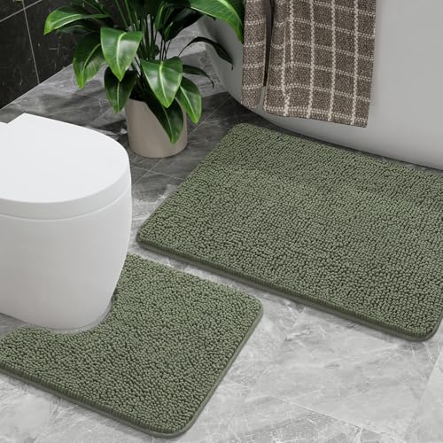 Bathroom Rug Sets 2 Piece, 20"x20" U-Shaped & 21"×34", Sage Green | Toilet Mat Non Slip Bath Mats Floor Set, Washable Bath Rug Set, Absorbent Soft Bathroom Rug - color: Sage Green
