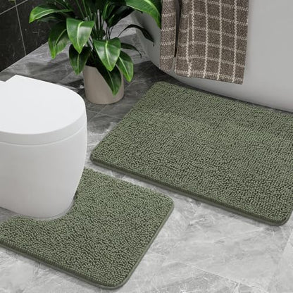 Bathroom Rug Sets 2 Piece, 20"x20" U-Shaped & 21"×34", Sage Green | Toilet Mat Non Slip Bath Mats Floor Set, Washable Bath Rug Set, Absorbent Soft Bathroom Rug - color: Sage Green