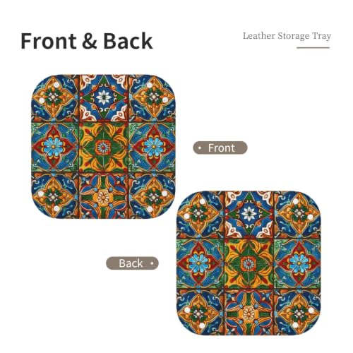 Leather Valet Tray Desktop Storage Organizer Travel Storage Dish Plate | Mexican Ceramic Tile Valet Organizer Personalized Catchall Tray For Jewelry, Wallets, Watches, Keys, Gift