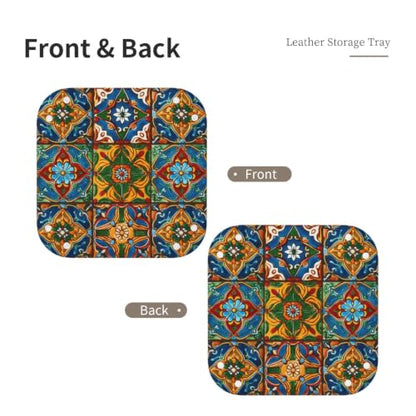 Leather Valet Tray Desktop Storage Organizer Travel Storage Dish Plate | Mexican Ceramic Tile Valet Organizer Personalized Catchall Tray For Jewelry, Wallets, Watches, Keys, Gift