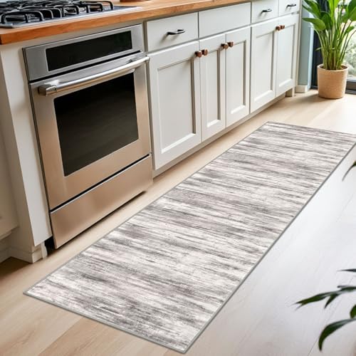 KOZYFLY Modern Abstract Washable Rug Runner 2x7 Hallway Runner Rug Non-Slip Soft Kitchen Runner Rugs, Print Grey/Light Beige/Brown Striped Carpet Runner for Entryway Bathroom - color: Grey/Light Beige/Brown, size: 2' x 7' (Runner)
