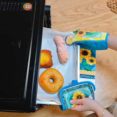 PXIYOU Oven Mitts and Pot Holders 6pcs Set, Sunflower 2 Dish Towels 2 Farmhouse Cooking Mittens Oven Glove 2 Potholder Heat Resistant BBQ Gloves for Kitchen Baking Cooking Grilling Microwave