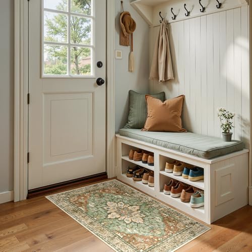 RELEANY Washable Area Rug, Small 2'x4', Brick/Brown/Green | Non-Slip, Water Repellent, Pet Friendly, Easy to Clean, Vintage Floral Boho Decor for Kitchen Entryway Bathroom - color: Brick/Brown/Green, size: 2' X 4' (Runner)