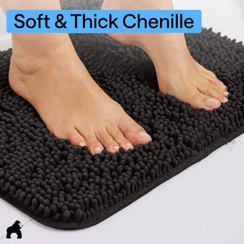 GORILLA GRIP Bathroom Rug Sets 3 Piece, Bath Mat Set and Oval Toilet Base with Rubber Backing, Plush Absorbent Shaggy Chenille Washable Mats, Includes 24x19.5, 24x17 and 30x20 Inch Rugs, Black - color: Black, style: 24"x19.5" + 24"x17" + 30"x20" - 3 Pack