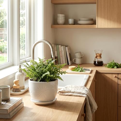 MyGift 7 Inch Round White Ceramic Plant Pot with Drainage Hole and Attached Saucer, Modern Decorative Embossed Sunburst Planter Container for Indoor Home Garden | 7-Inch Round Embossed Sunburst Design for Indoor Plants, Succulents, Herbs, Flowers & Home G