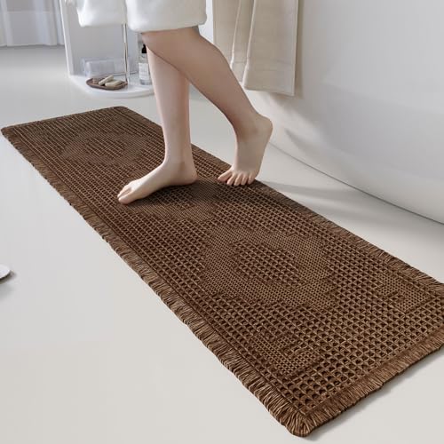 Non Slip Bath Mats for Bathroom Soft Absorbent Boho Bathroom Rugs with Tassels Waffle Bath Mat Machine Washable Dark Brown, 1'6" x 4' - color: Dark Brown, size: 1'6" x 4' (Rectangular)